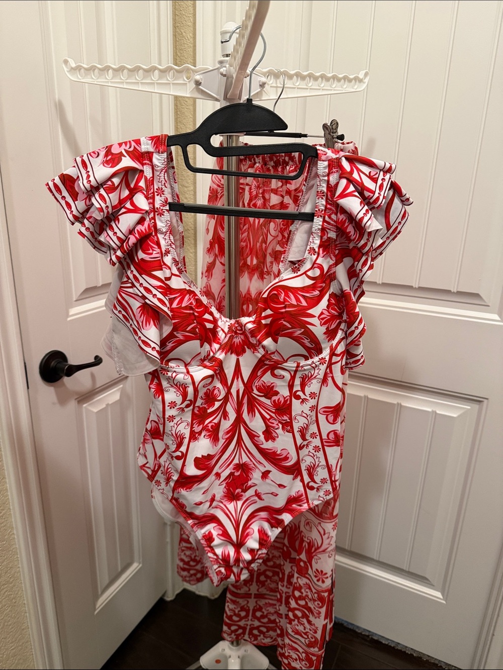 One-piece Bathing Suit Set- Red Scroll Print